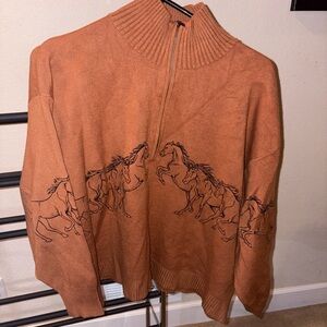 Anthropologie Brown Quarter-Zip Sweater with Horse Design